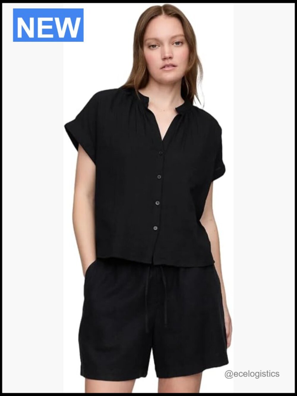 Short Sleeve Textured Woven Top Crew Neck Blouse